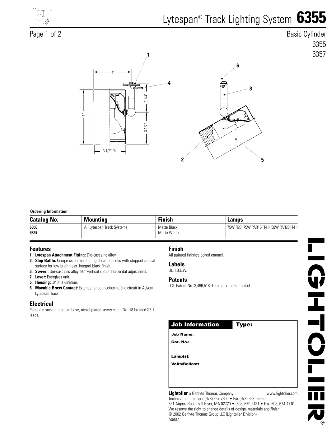 Lightolier 6355 manual Catalog No Mounting Finish Lamps, Features, Labels, Patents, Electrical 