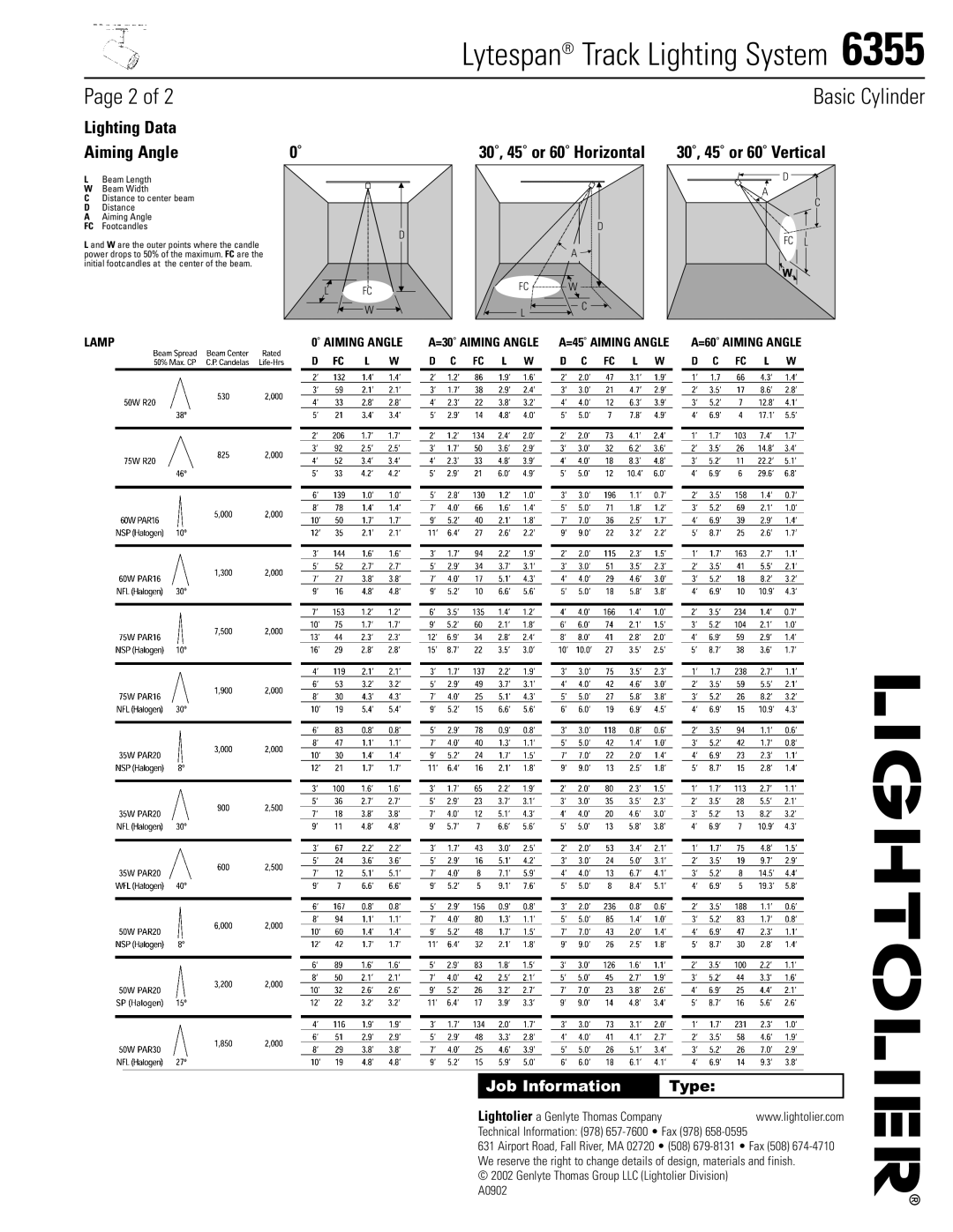 Lightolier 6355 manual Lighting Data Aiming Angle, Job Information 