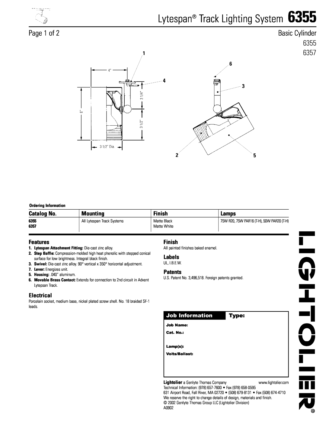 Lightolier 6355 manual Page 1 of, Basic Cylinder, Catalog No, Mounting, Finish, Lamps, Features, Labels, Patents, Type 