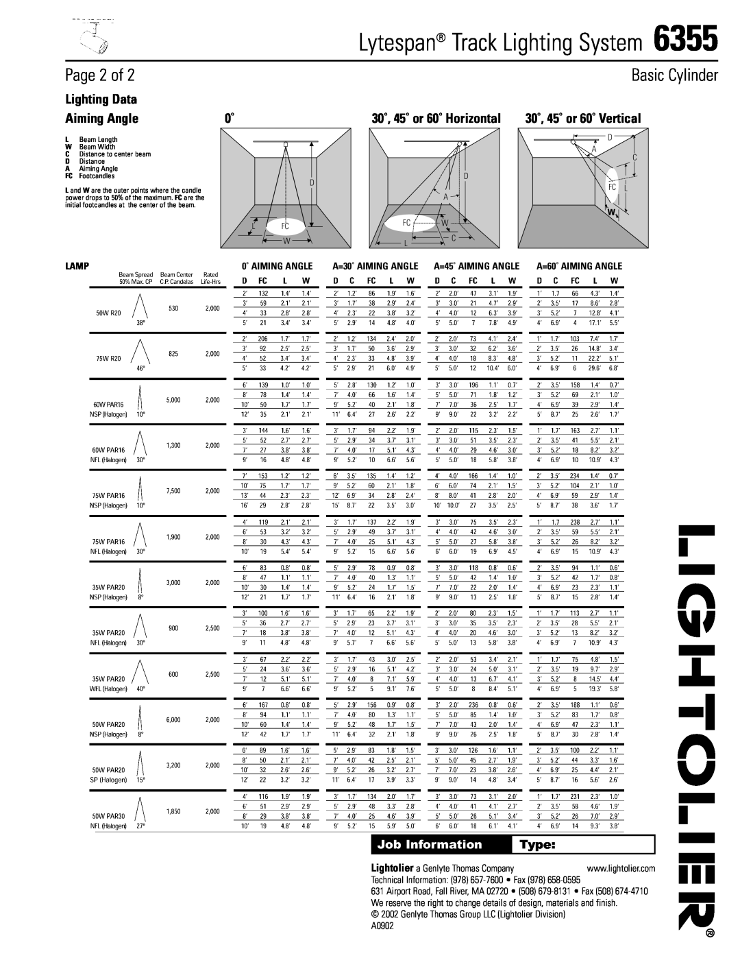 Lightolier 6355 Page 2 of, Lighting Data, Aiming Angle, Lamp, A=30˚ AIMING ANGLE A=45˚ AIMING ANGLE, Basic Cylinder, Type 