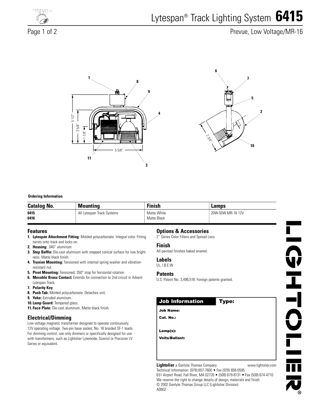 Lightolier 6415 manual Catalog No Mounting Finish Lamps, Features, Electrical/Dimming, Options & Accessories, Labels 