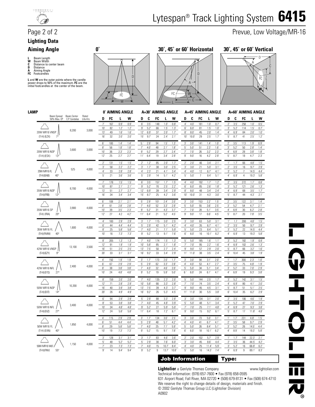 Lightolier 6415 Lighting Data Aiming Angle, 30˚, 45˚ or 60˚ Horizontal 30˚, 45˚ or 60˚ Vertical, Job Information, Type 