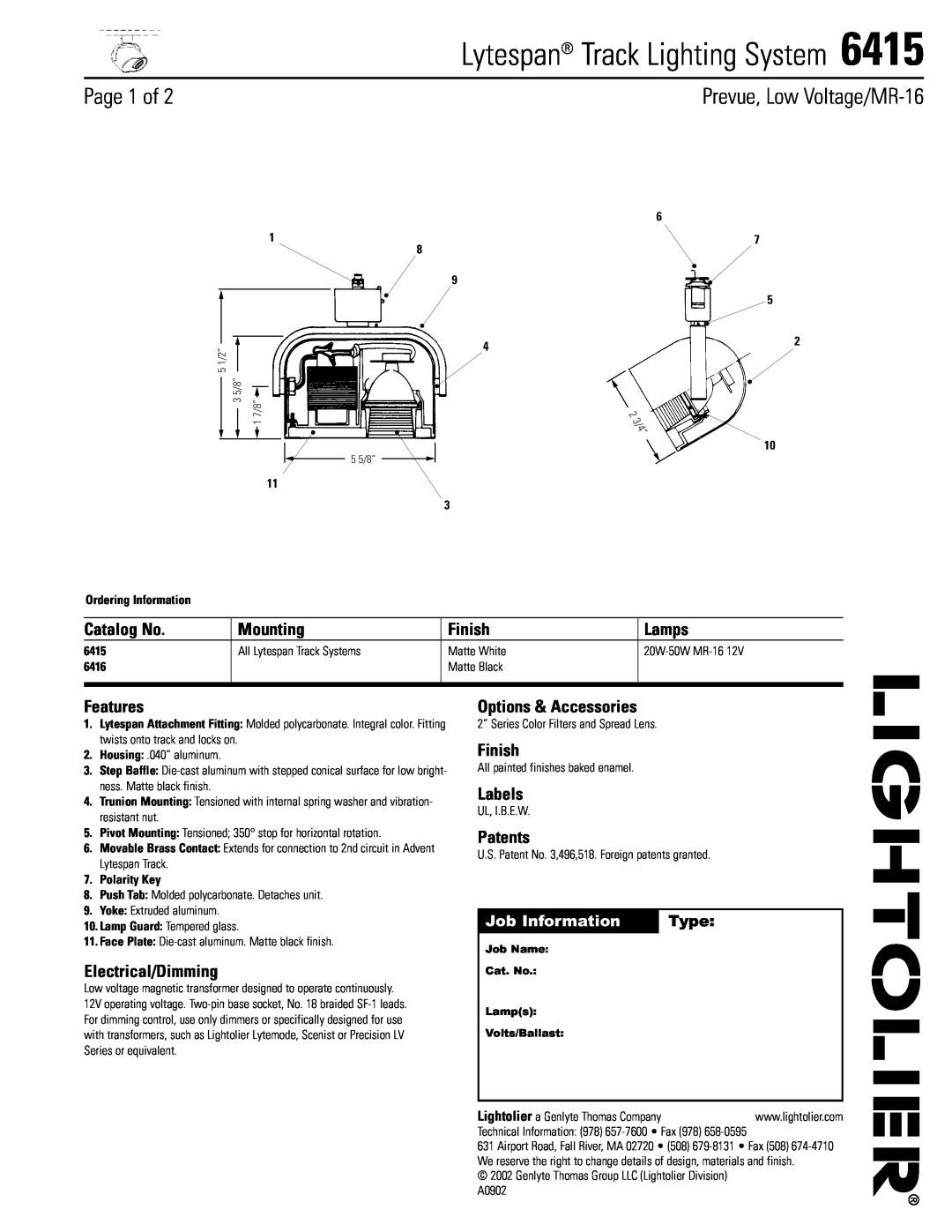 Lightolier 6415 manual Lytespan Track Lighting System, Page 1 of, Catalog No, Mounting, Finish, Lamps, Features, Labels 