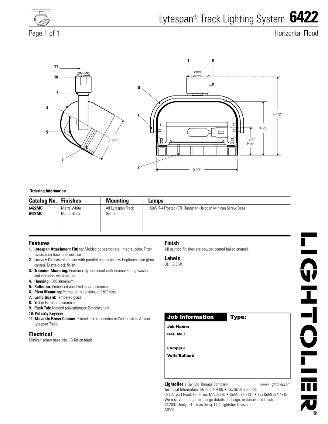 Lightolier 6422 manual Lytespan Track Lighting System 