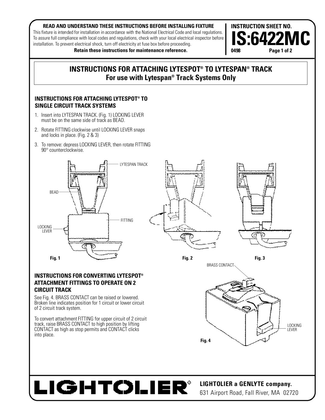 Lightolier instruction sheet IS6422MC, Instructions for Attaching Lytespot to Lytespan Track 