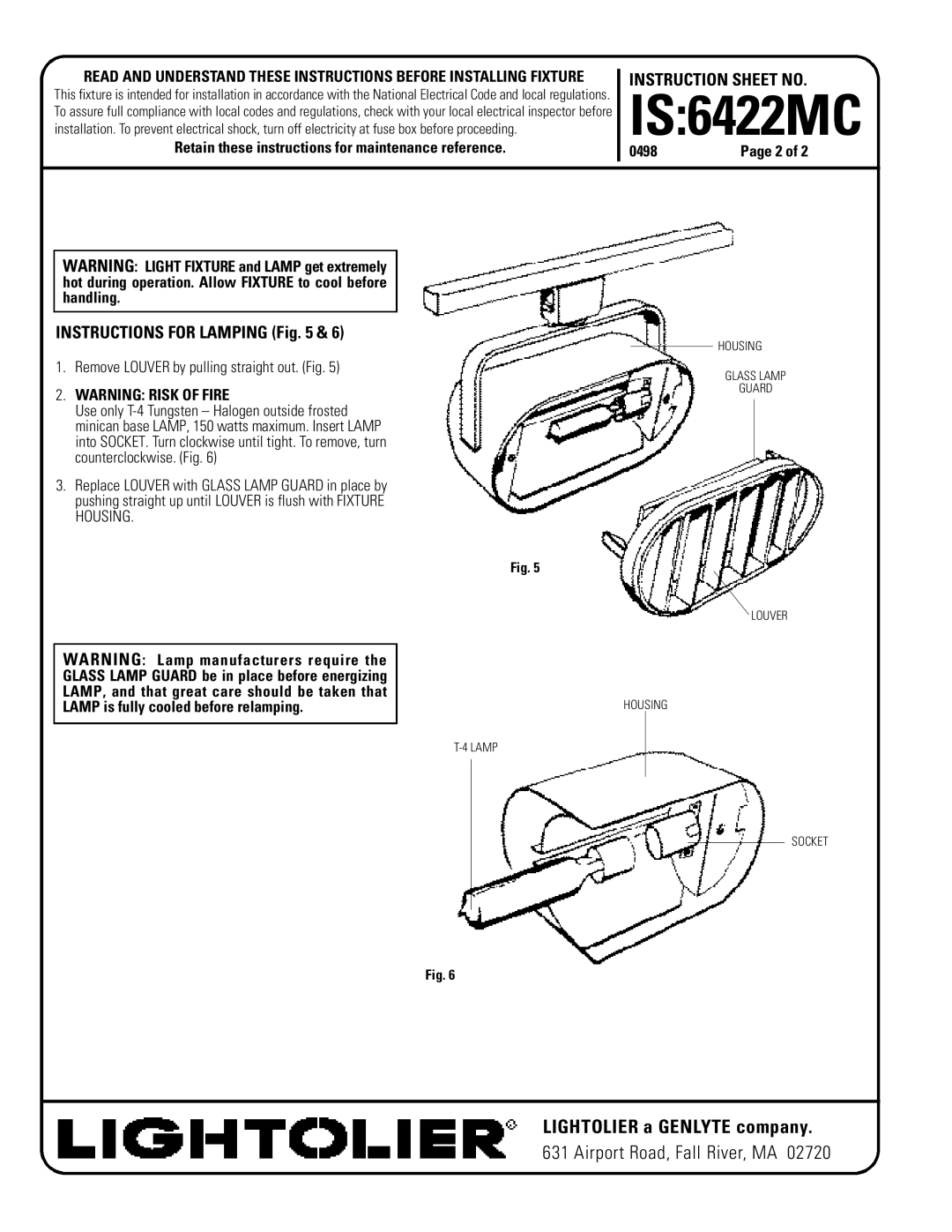 Lightolier instruction sheet IS6422MC, Instructions for Lamping, Remove Louver by pulling straight out. Fig 