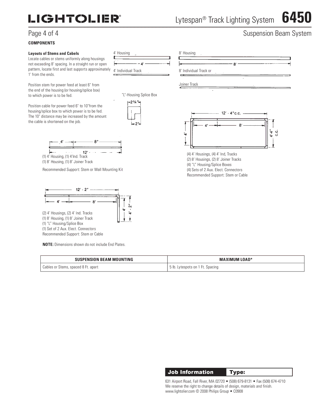 Lightolier 6450 specifications Lytespan Track Lighting System , Components Layouts of Stems and Cabels 