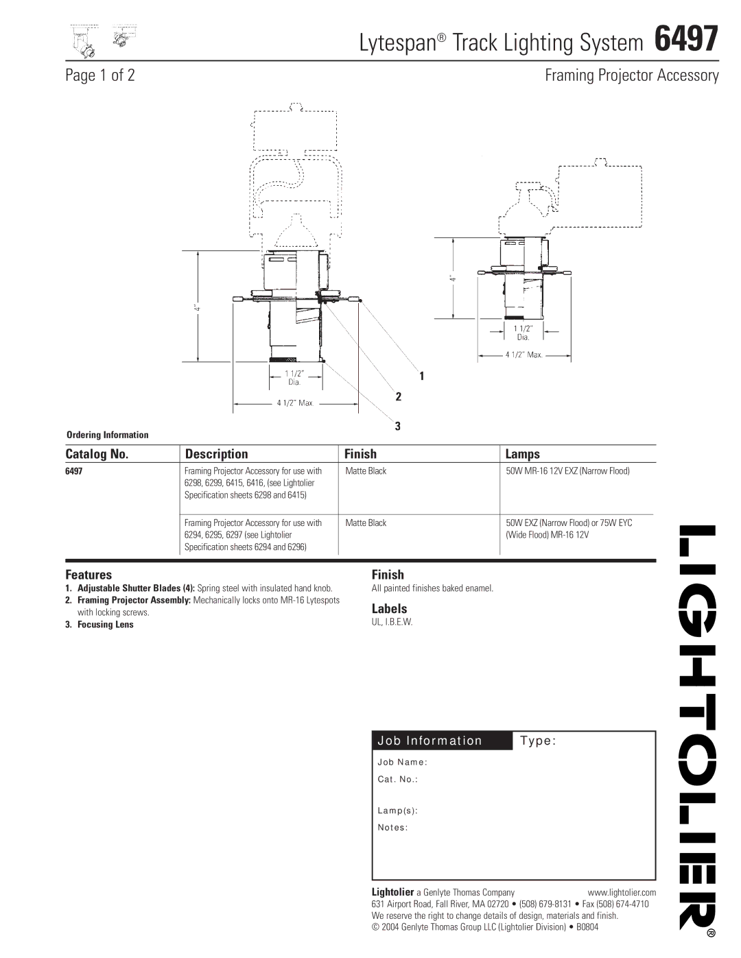 Lightolier 6497 specifications Lytespan Track Lighting System, Catalog No Description Finish Lamps, Features, Labels 