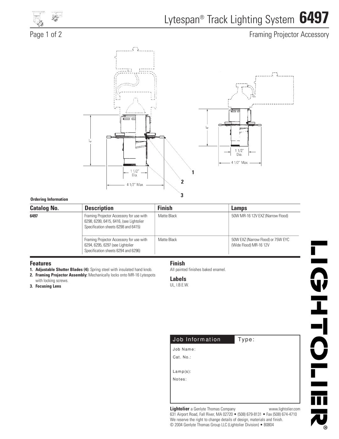 Lightolier 6497 specifications Page 1 of, Framing Projector Accessory, Catalog No, Description, Finish, Lamps, Features 