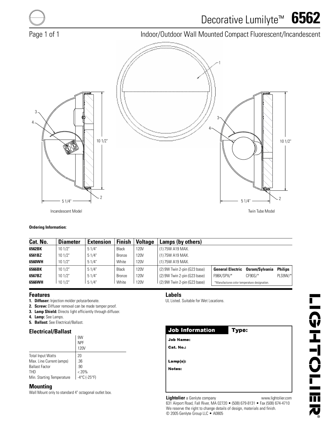 Lightolier 6562 manual Decorative Lumilyte 