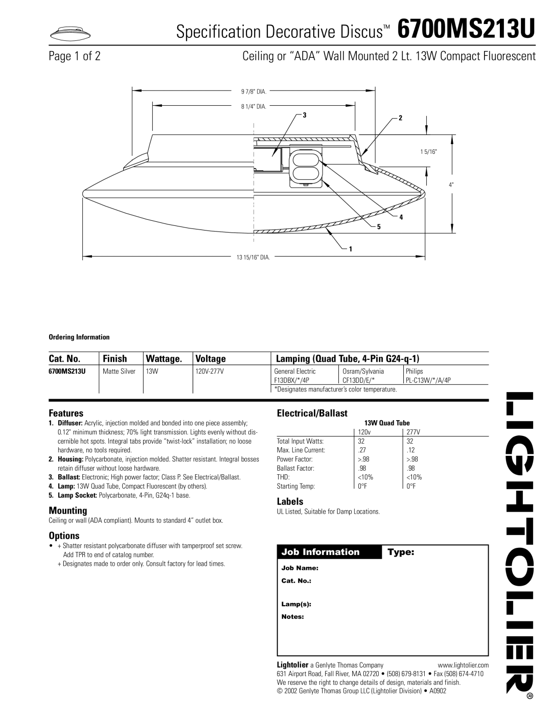 Lightolier 6700MS213U manual Features, Mounting, Options, Electrical/Ballast, Labels 