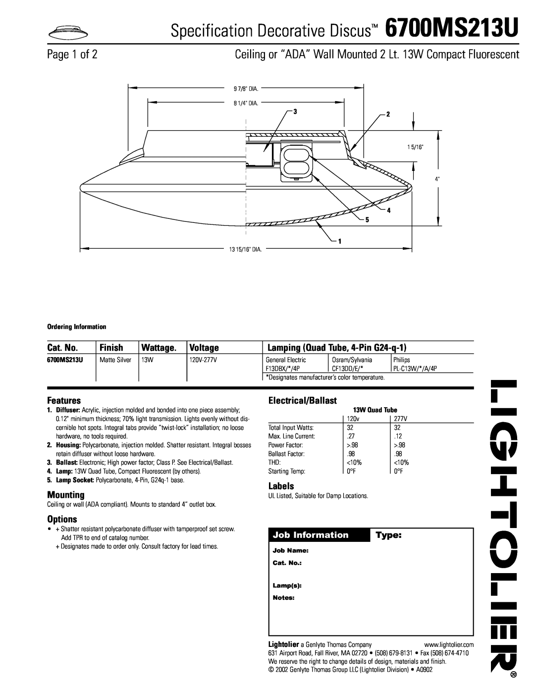 Lightolier manual Specification Decorative Discus 6700MS213U, Page 1 of 