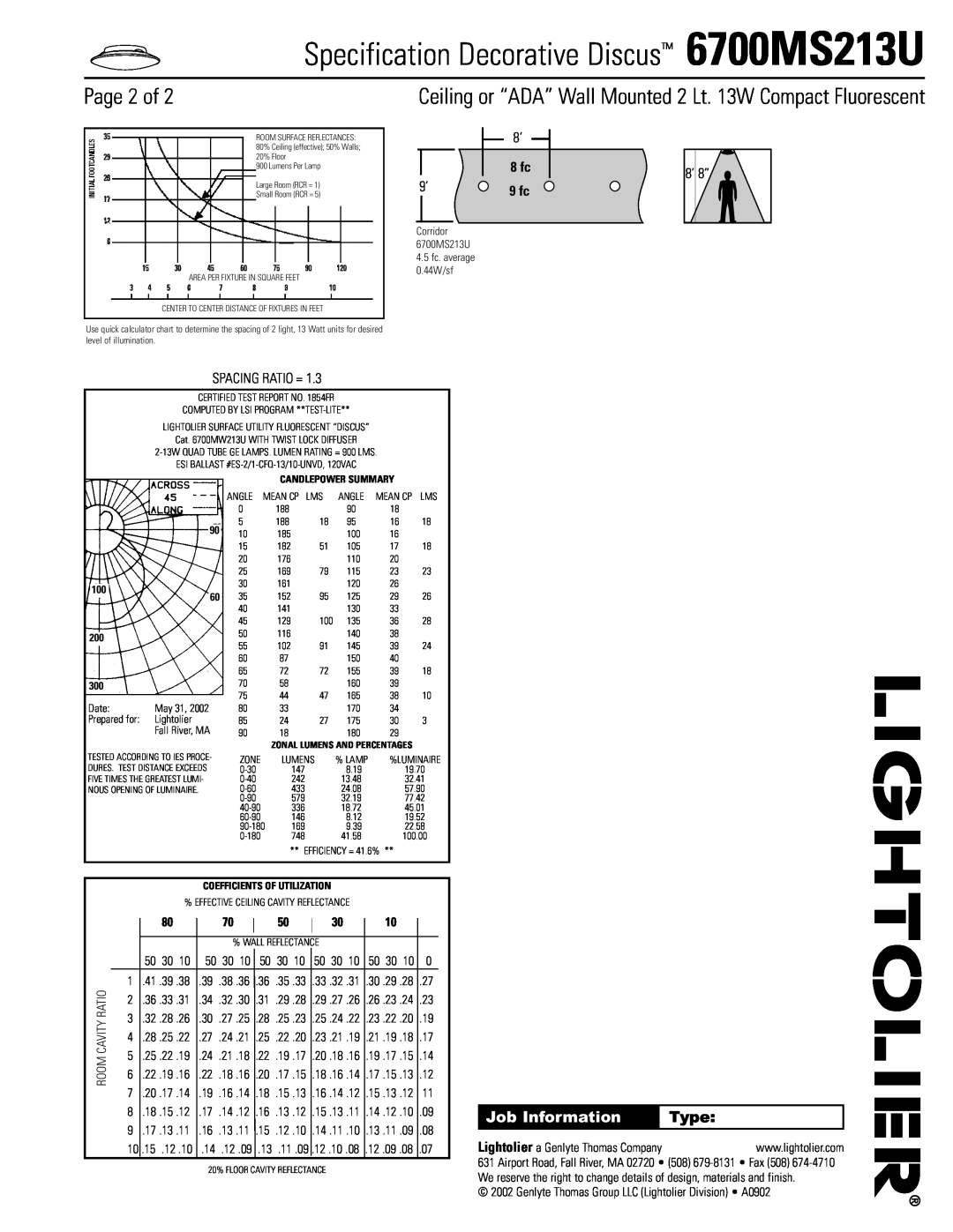 Lightolier Page 2 of, Specification Decorative Discus 6700MS213U, Job Information, Type, 8 fc 9 fc, Spacing Ratio = 