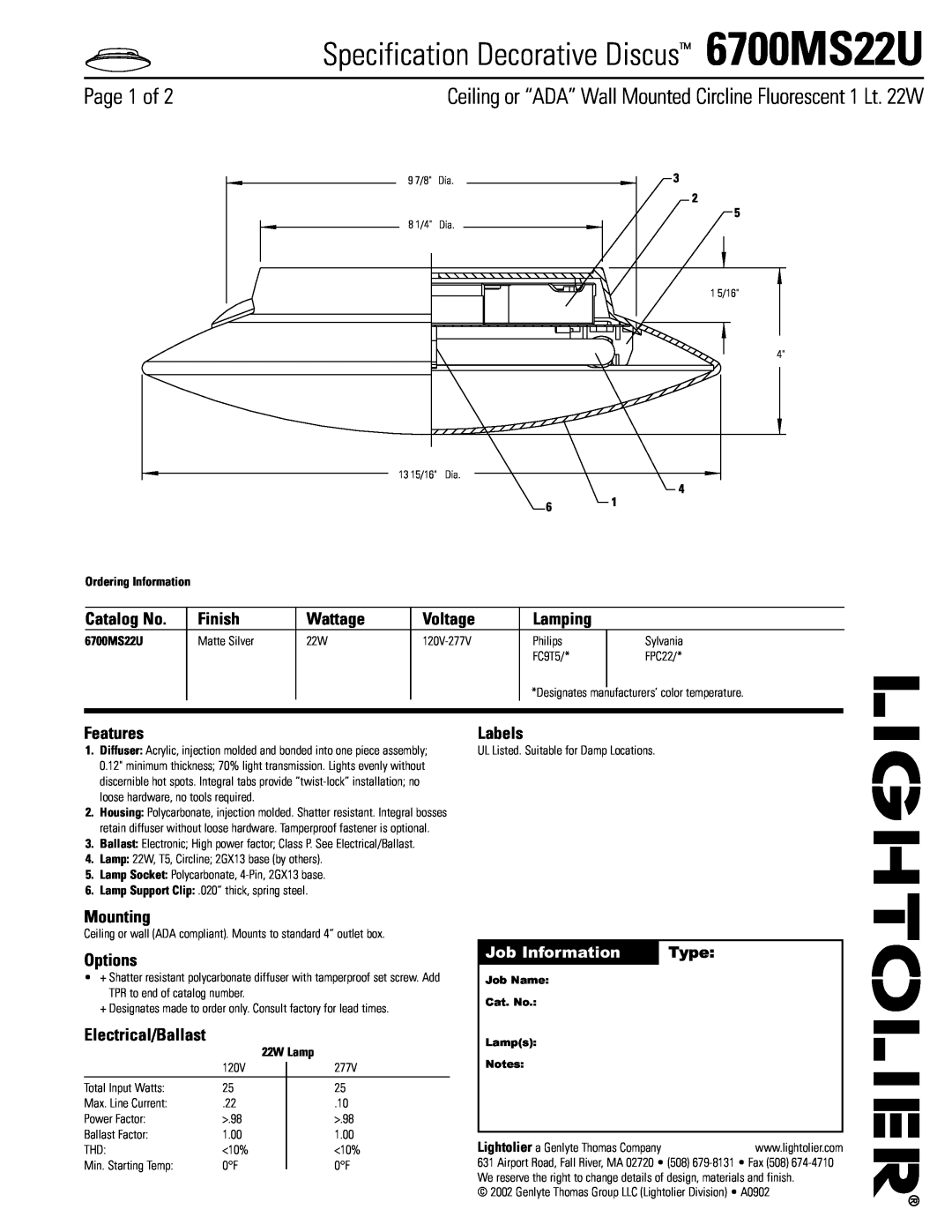 Lightolier manual Specification Decorative Discus 6700MS22U, Page 1 of, Job Information, Type, Voltage, 22W Lamp 