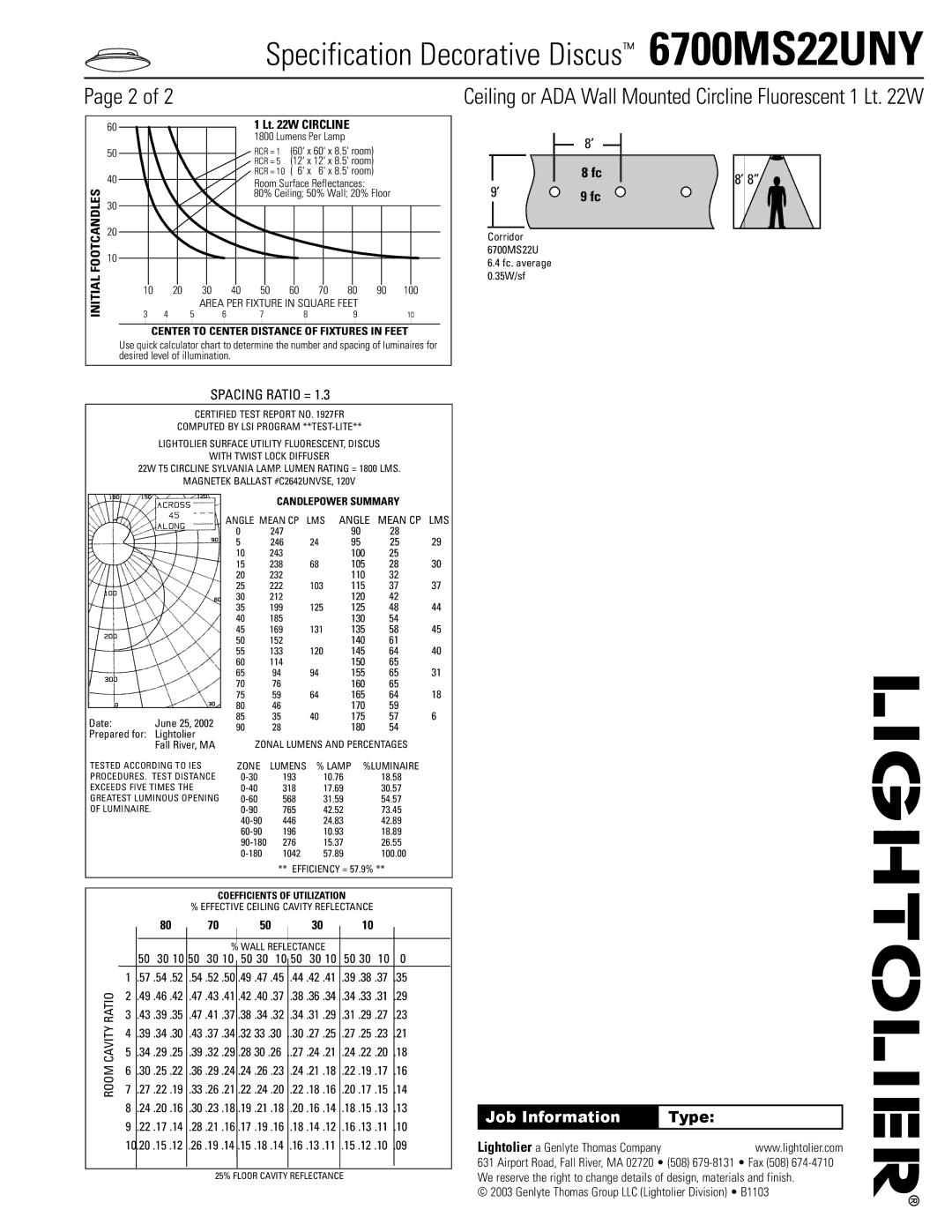 Lightolier 6700MS22UNY manual Ceiling or ADA Wall Mounted Circline Fluorescent 1 Lt W, Lt W Circline 