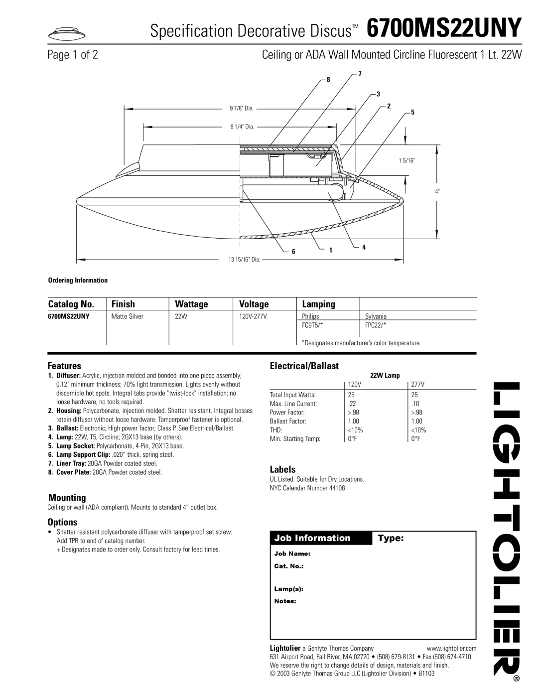 Lightolier manual Specification Decorative Discus 6700MS22UNY, Page 1 of, Catalog No, Finish, Wattage, Voltage, Lamping 