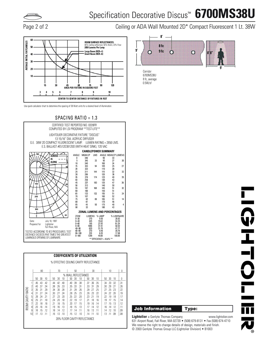 Lightolier manual Ceiling or ADA Wall Mounted 2D* Compact Fluorescent 1 Lt W, Corridor, 6700MS38U Fc, average, 5W/sf 