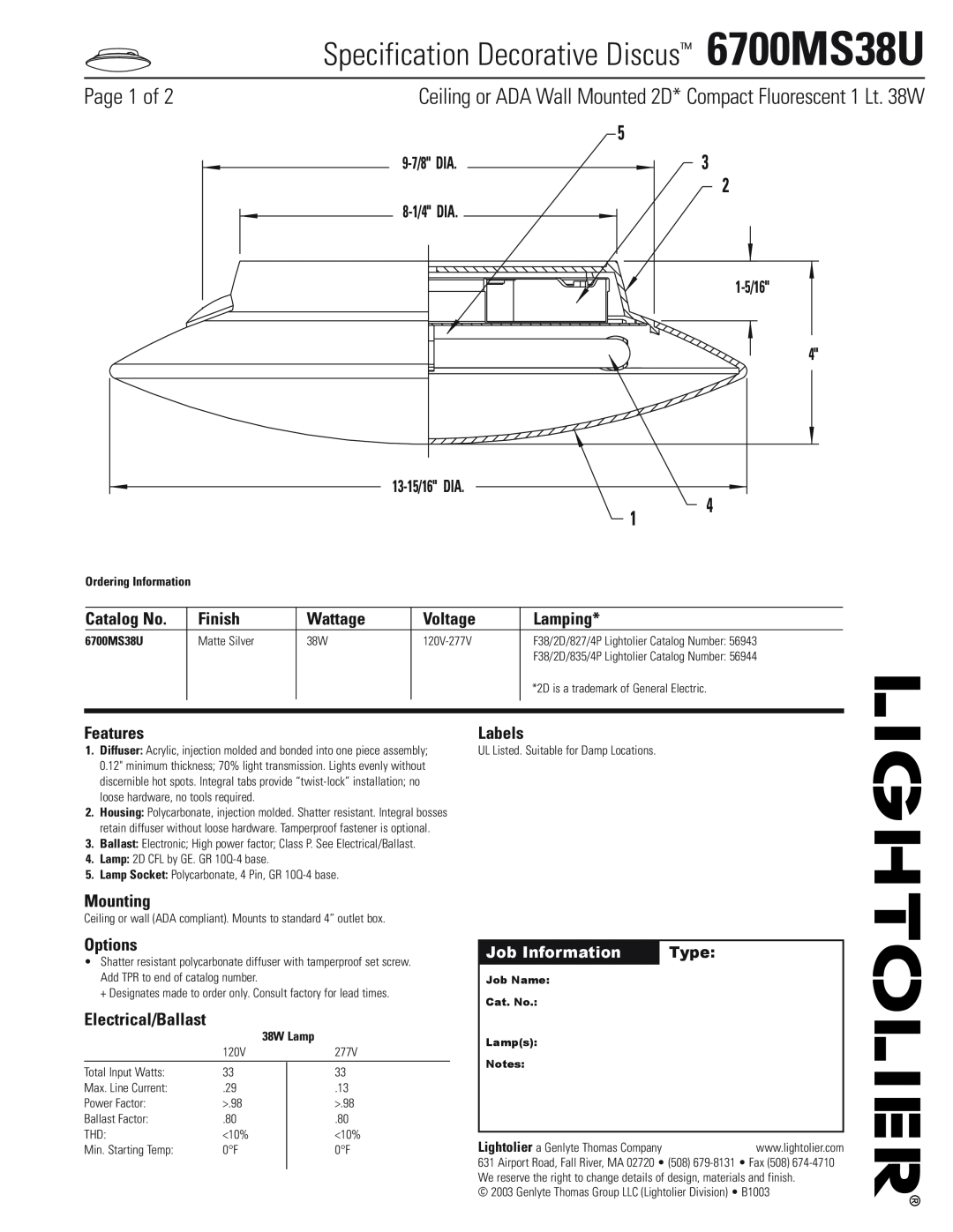 Lightolier manual Specification Decorative Discus 6700MS38U, Page 1 of 