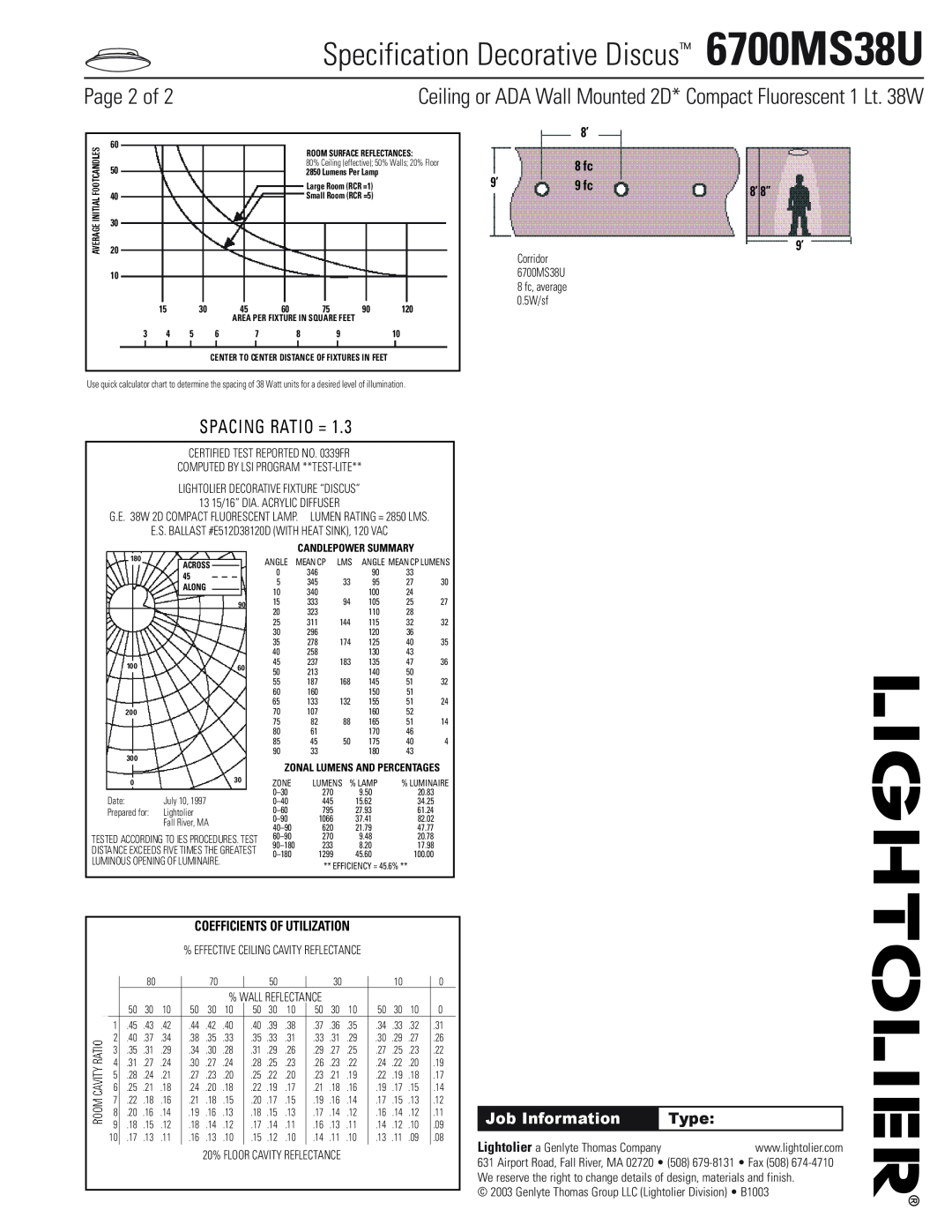 Lightolier Specification Decorative Discus 6700MS38U, Page 2 of, Spacing Ratio =, Job Information, Type, 8’ 8”, 0.5W/sf 