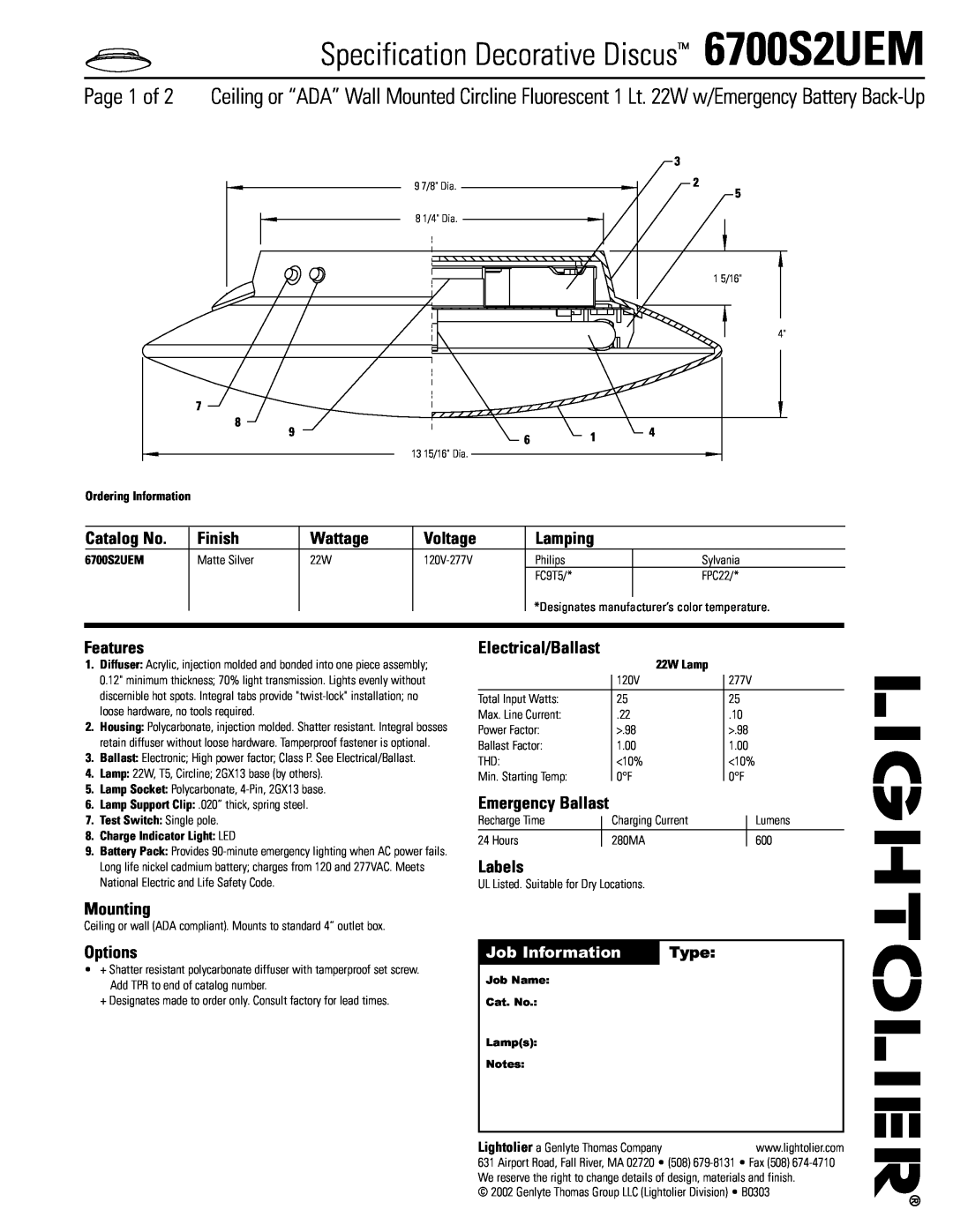 Lightolier manual Specification Decorative Discus 6700S2UEM 