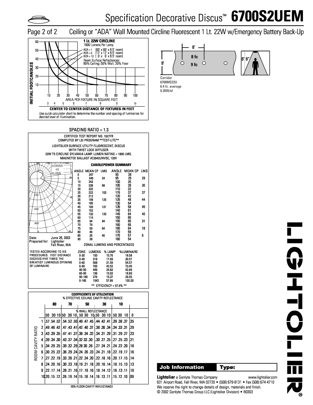 Lightolier Specification Decorative Discus 6700S2UEM, Job Information, Type, Initial Footcandles, 8 fc, Spacing Ratio = 