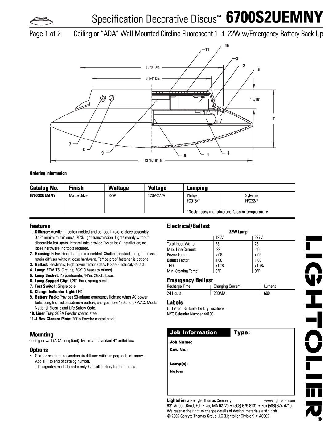 Lightolier manual Specification Decorative Discus 6700S2UEMNY 