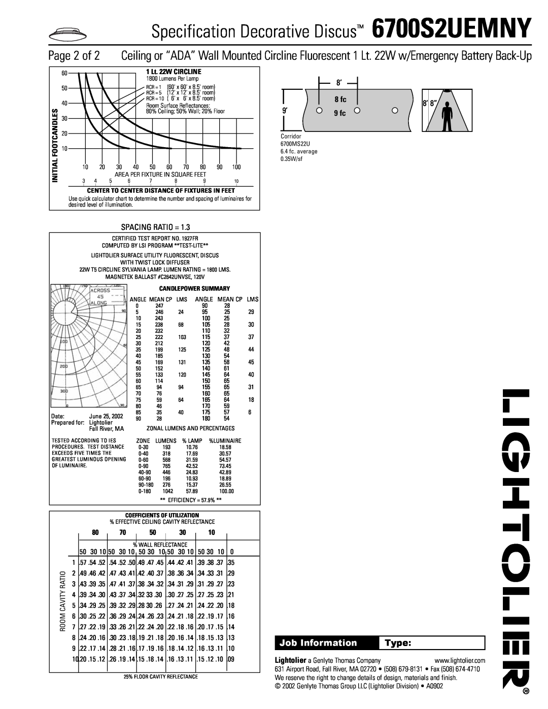 Lightolier manual Specification Decorative Discus 6700S2UEMNY, Job Information, Type, Initial Footcandles, 8 fc 