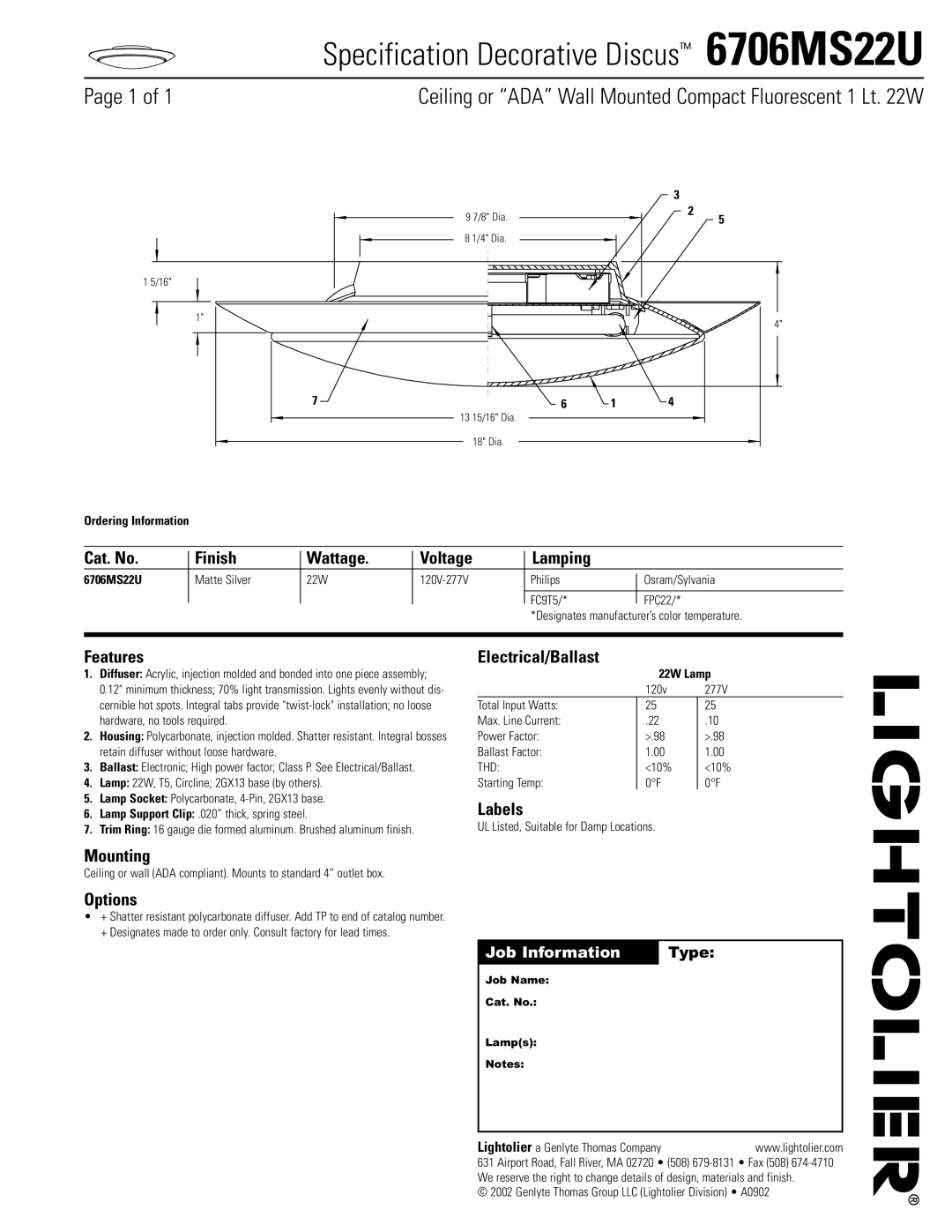 Lightolier manual Specification Decorative Discus 6706MS22U 