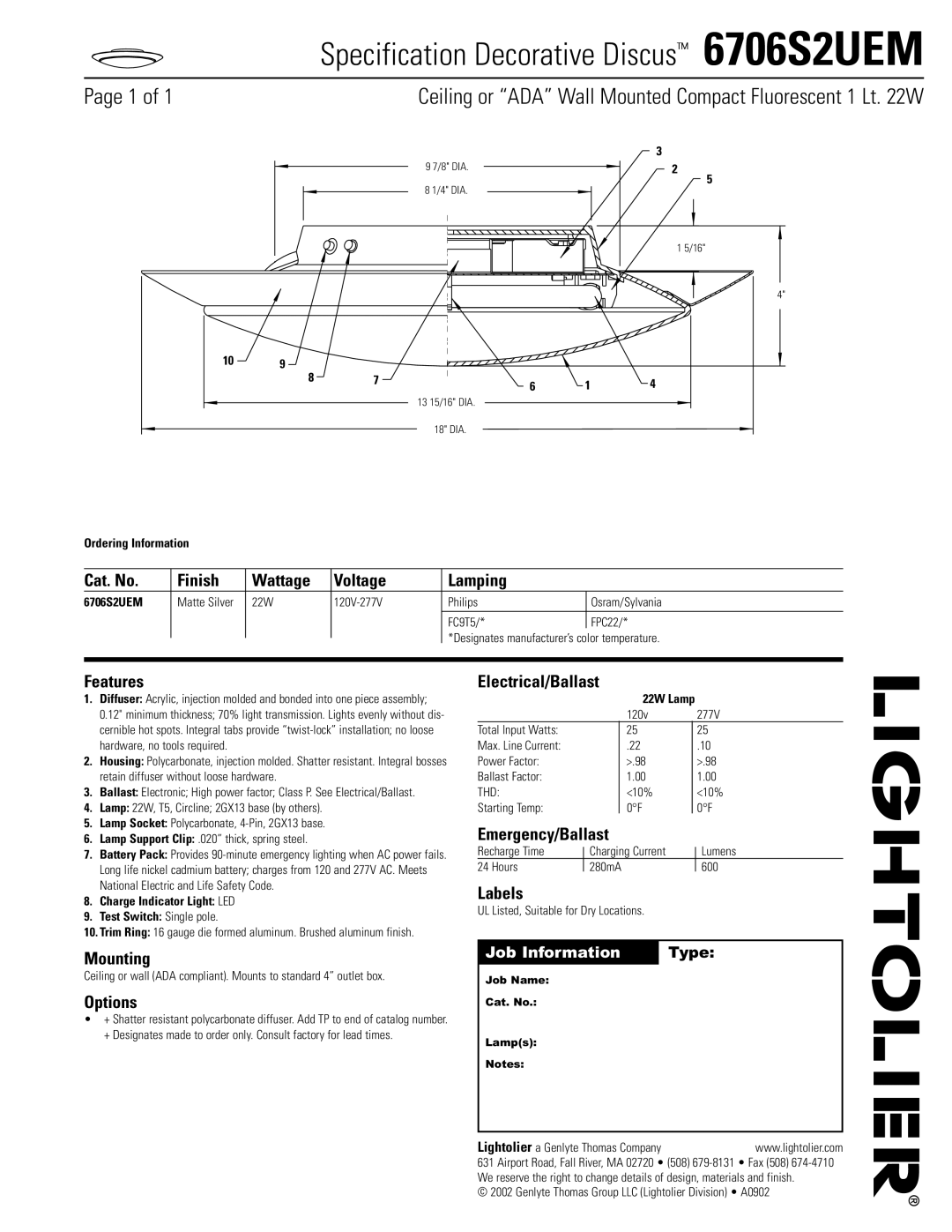 Lightolier manual Specification Decorative Discus 6706S2UEM 