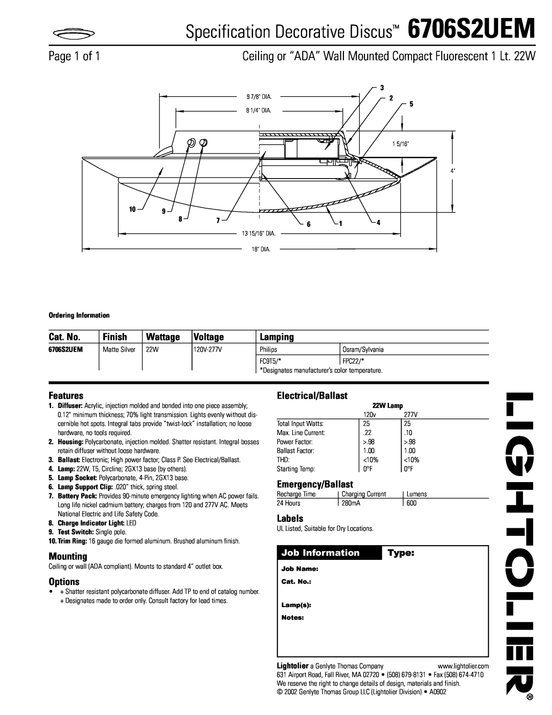 Lightolier manual Specification Decorative Discus 6706S2UEM, Page 1 of, Cat. No, Finish, Wattage, Voltage, Lamping 