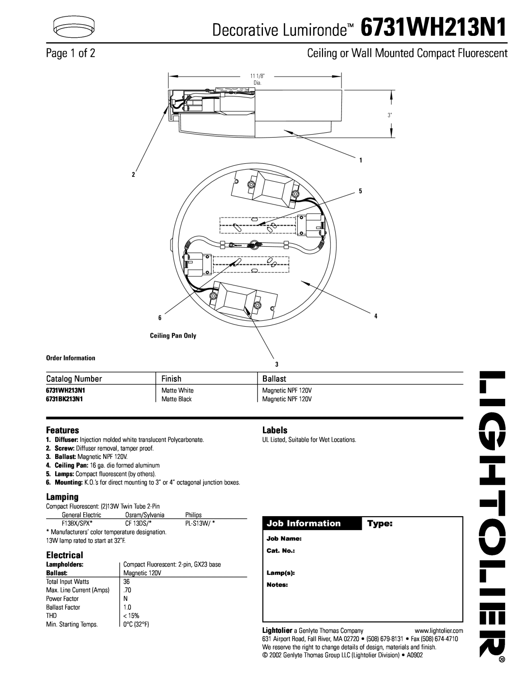 Lightolier manual Decorative Lumironde 6731WH213N1, Page 1 of, Ceiling or Wall Mounted Compact Fluorescent, Finish 
