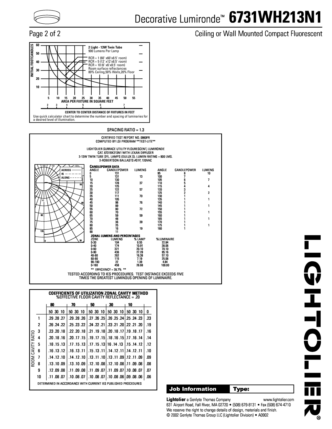 Lightolier manual Page 2 of, Type, Decorative Lumironde 6731WH213N1, Ceiling or Wall Mounted Compact Fluorescent 