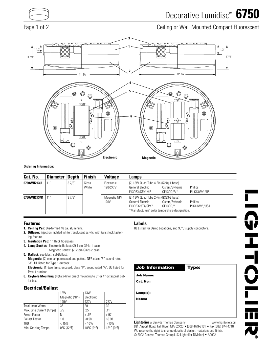 Lightolier 6750 manual Cat. No, Depth Finish Voltage Lamps, Features, Electrical/Ballast, Labels 