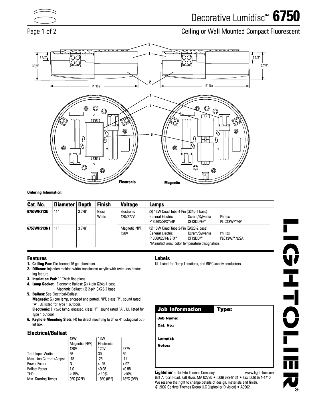 Lightolier 6750 manual Decorative Lumidisc, Page 1 of, Ceiling or Wall Mounted Compact Fluorescent, Diameter, Type, Depth 