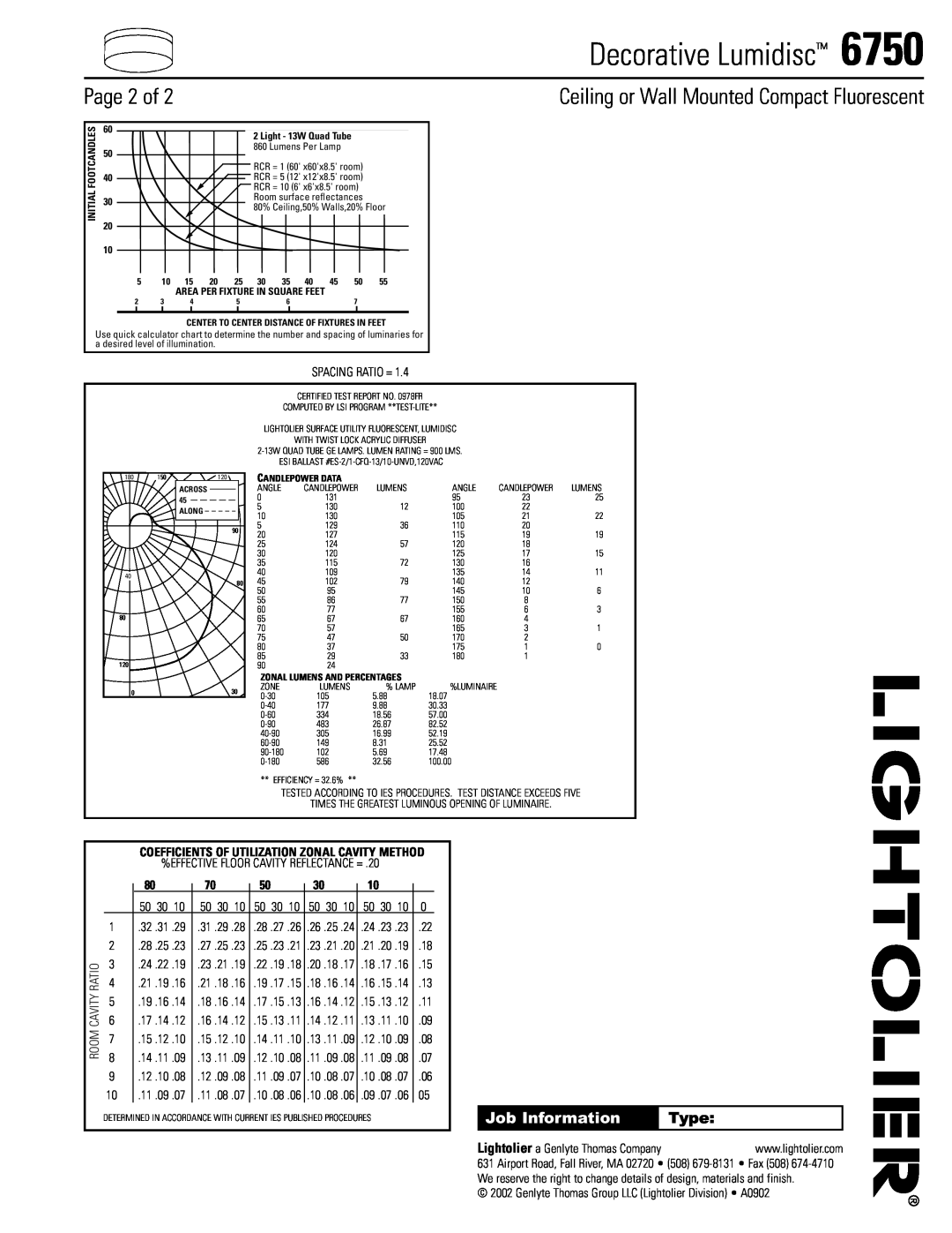 Lightolier 6750 manual Page 2 of, Type, Decorative Lumidisc, Ceiling or Wall Mounted Compact Fluorescent, Job Information 