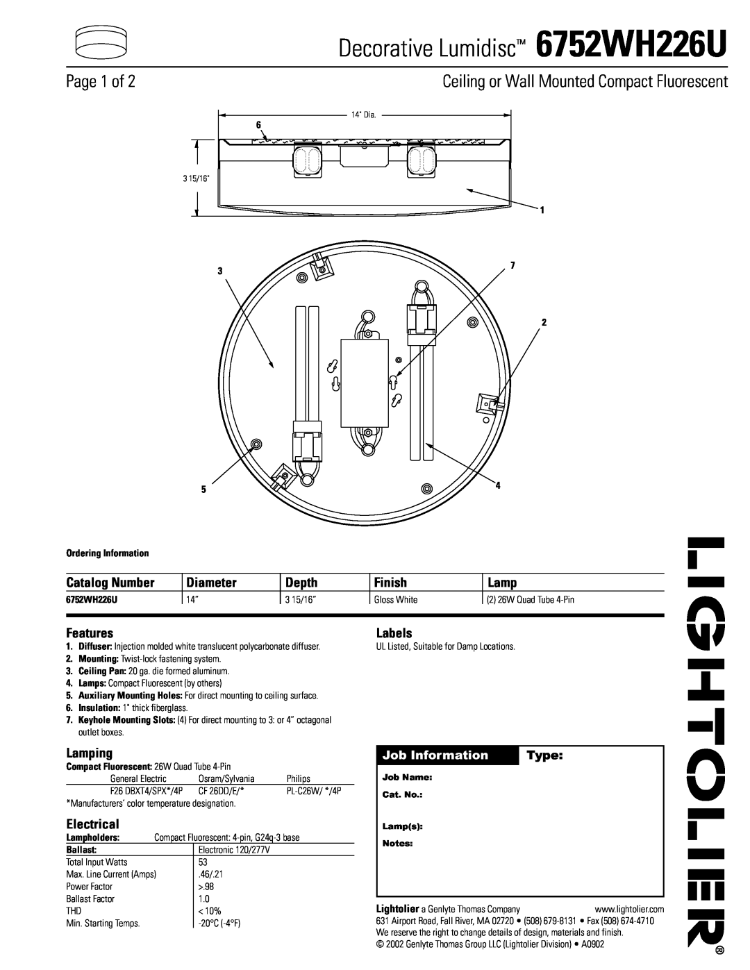 Lightolier manual Job Information, Type, Decorative Lumidisc 6752WH226U, Page 1 of, Catalog Number, Diameter, Depth 