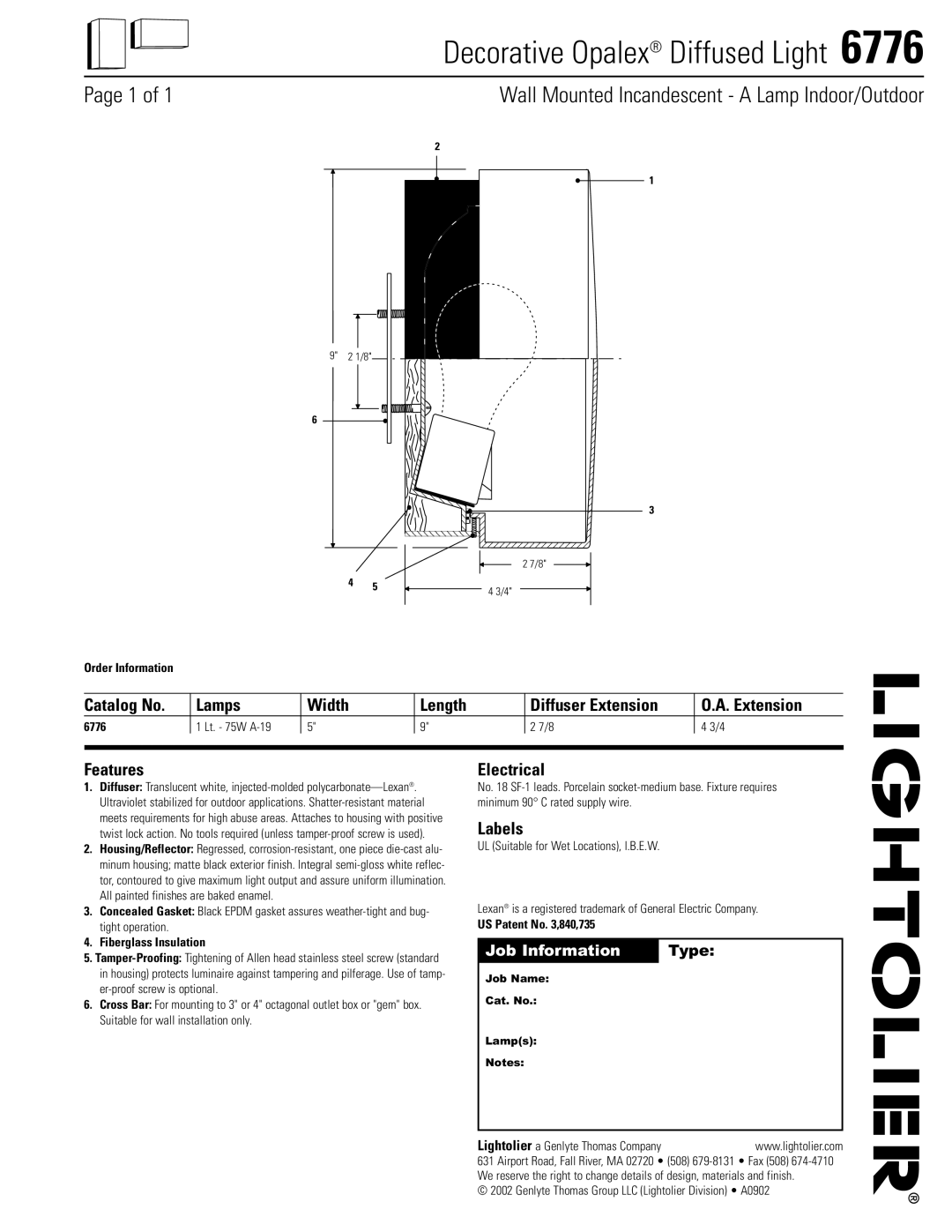 Lightolier 6776 manual Decorative Opalex Diffused Light, Wall Mounted Incandescent a Lamp Indoor/Outdoor 