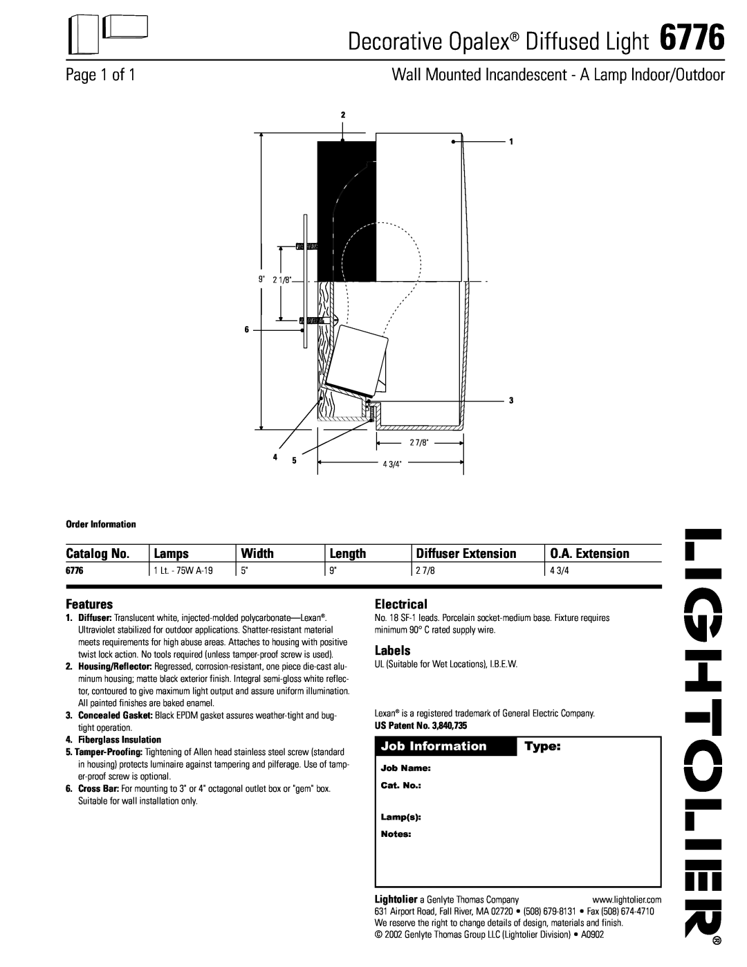 Lightolier 6776 manual Decorative Opalex Diffused Light, Page 1 of, Wall Mounted Incandescent - A Lamp Indoor/Outdoor 