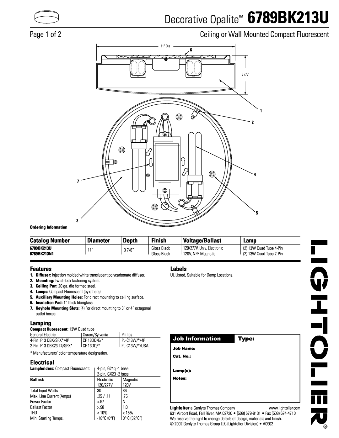Lightolier manual Page 1 of, Ceiling or Wall Mounted Compact Fluorescent, Decorative Opalite 6789BK213U, Catalog Number 