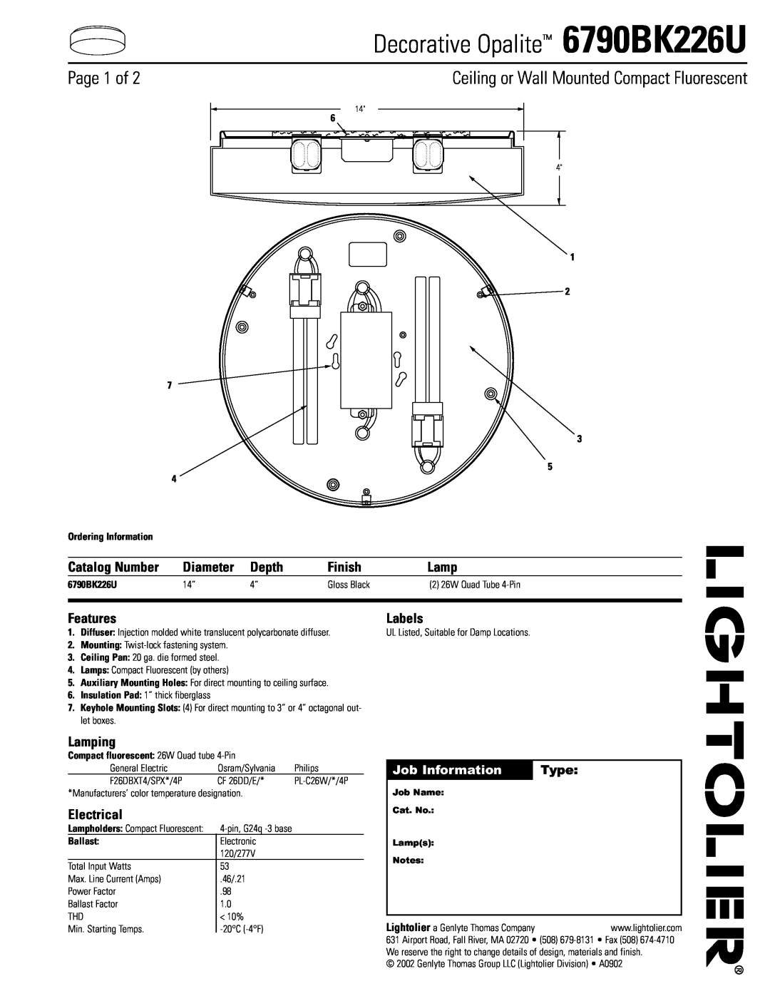 Lightolier 6790BK226U manual Page 1 of, Ceiling or Wall Mounted Compact Fluorescent, Job Information, Type, Ballast, Depth 