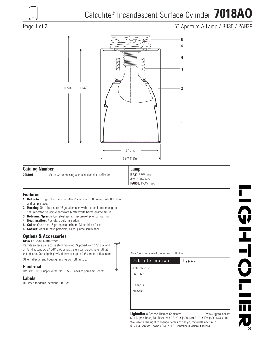 Lightolier 7018AO manual Catalog Number Lamp, Features, Options & Accessories, Electrical, Labels 