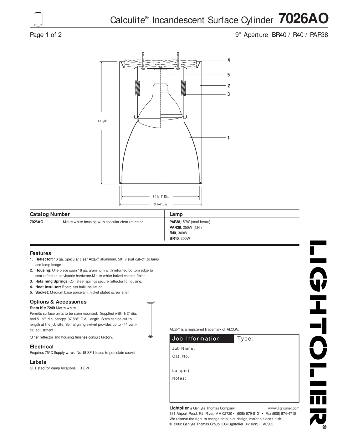 Lightolier manual Calculite Incandescent Surface Cylinder 7026AO, Job Information, Type, Page 1 of, Catalog Number 
