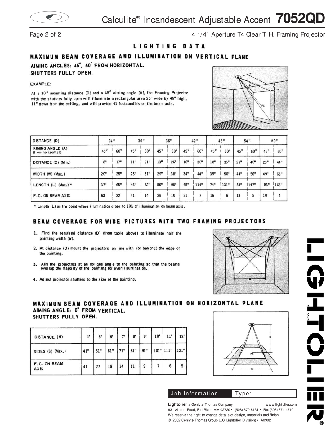 Lightolier Calculite Incandescent Adjustable Accent 7052QD, Page 2 of, 4 1/4” Aperture T4 Clear T. H. Framing Projector 