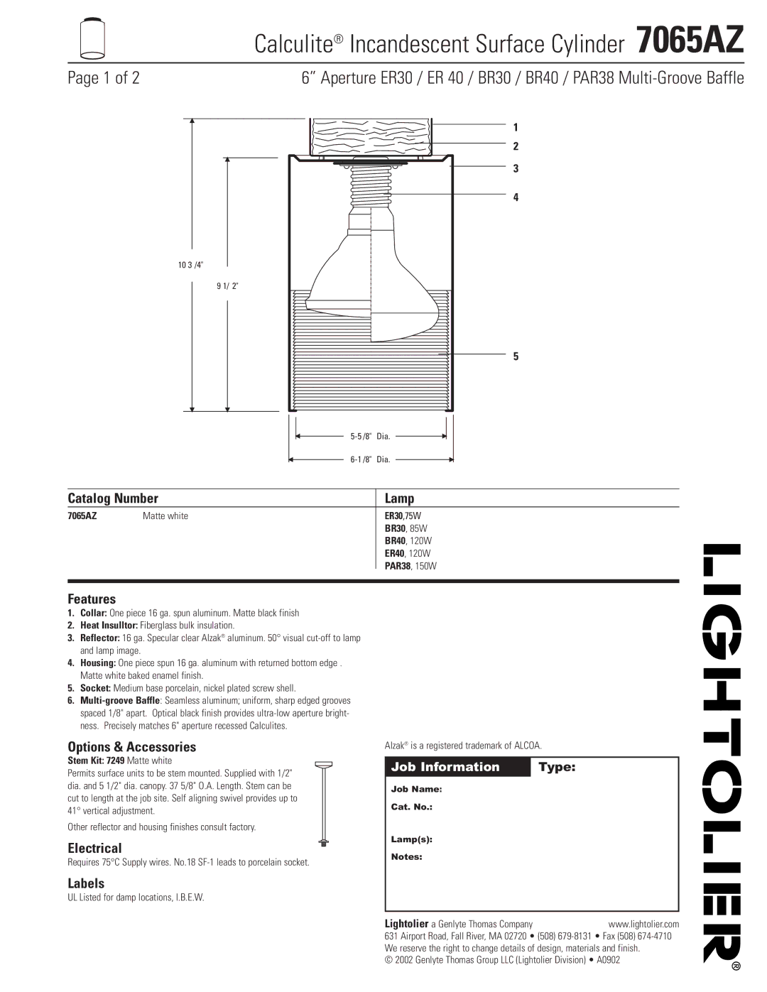 Lightolier 7065AZ manual Catalog Number Lamp, Features, Options & Accessories, Electrical, Labels 