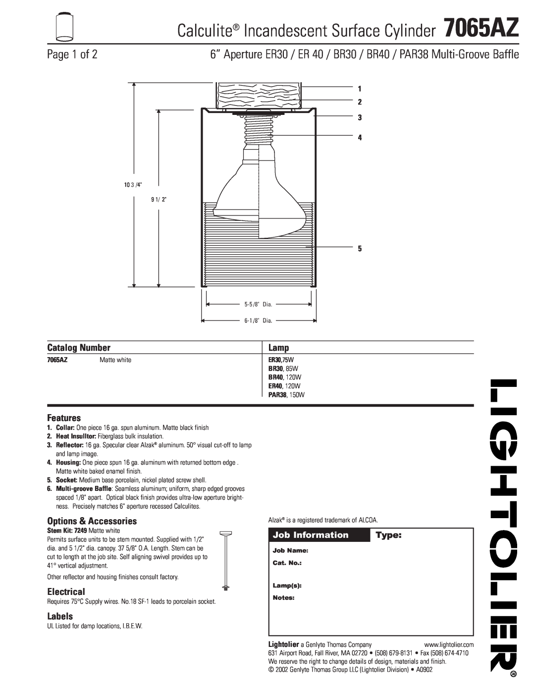 Lightolier manual Calculite Incandescent Surface Cylinder 7065AZ, Page 1 of, Job Information, Type, Catalog Number 
