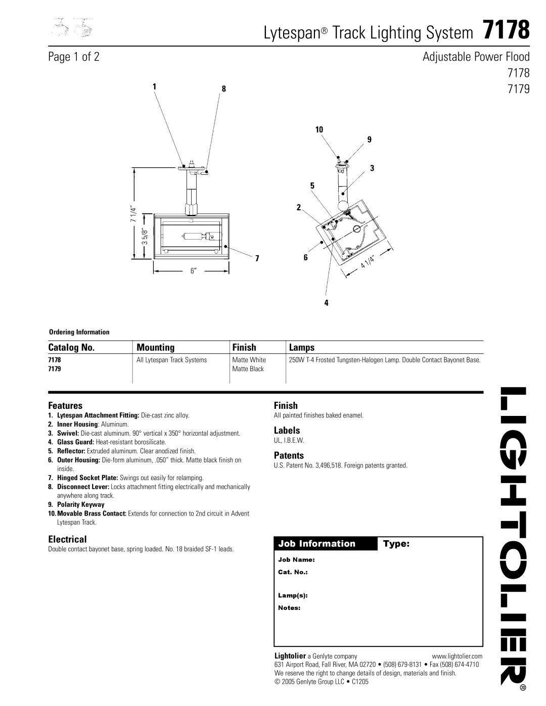 Lightolier 7178 manual Catalog No Mounting Finish Lamps, Features, Labels, Patents, Electrical 