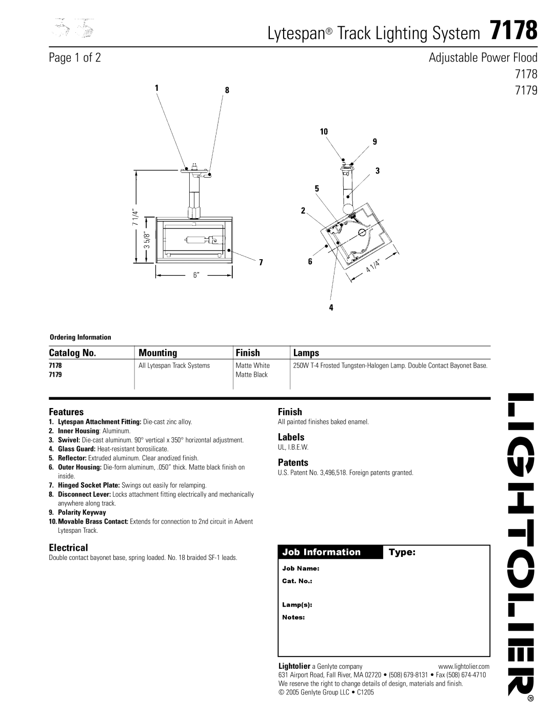 Lightolier 7178 manual Page 1 of, Adjustable Power Flood, 7179, Catalog No, Mounting, Finish, Lamps, Features, Labels 