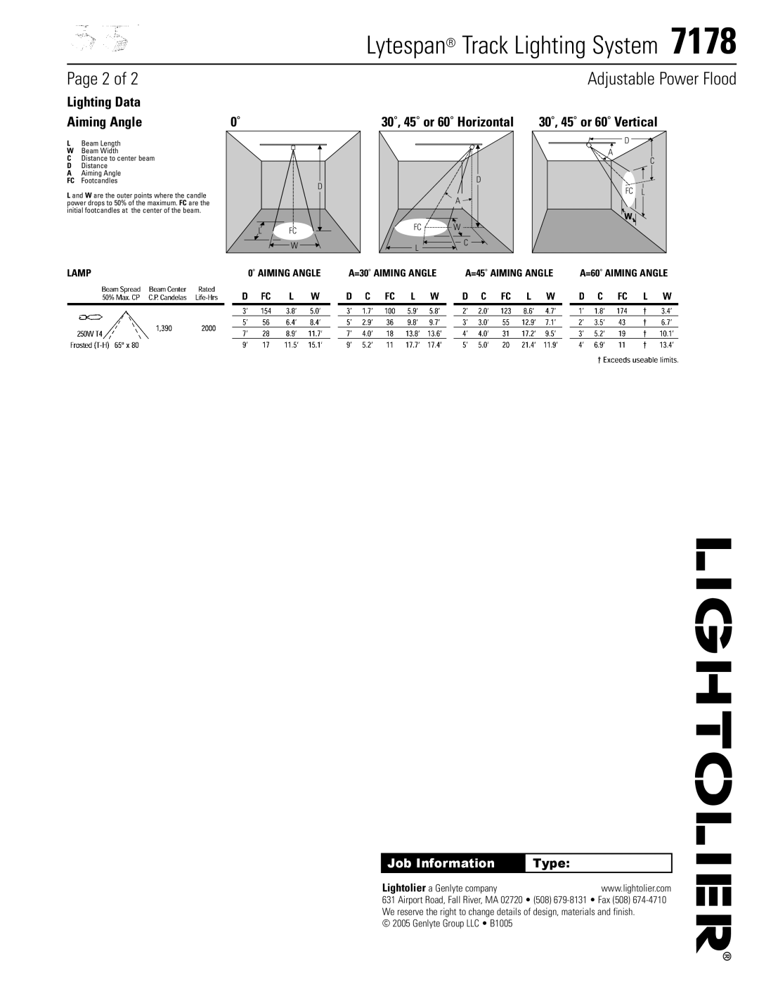 Lightolier 7178 Page 2 of, Lighting Data, Aiming Angle, Lamp, A=30˚ AIMING ANGLE, A=45˚ AIMING ANGLE, Job Information 