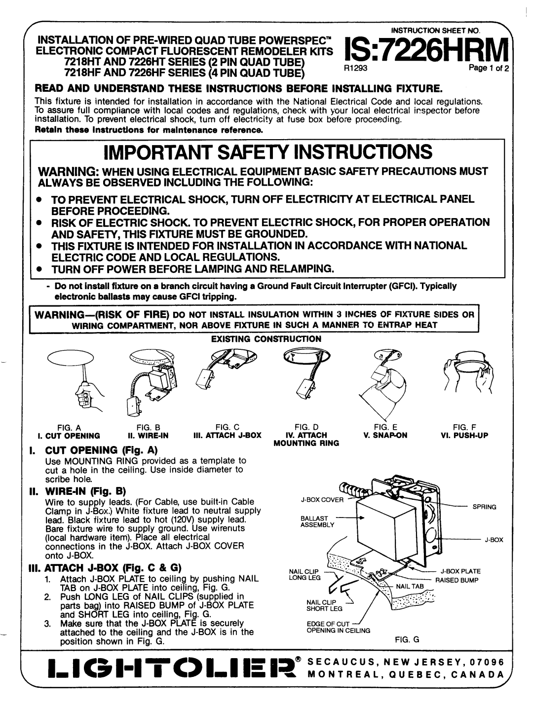 Lightolier 7226HRM important safety instructions WIRE-IN Fig. B, Attach J-BOX Fig. C & G 