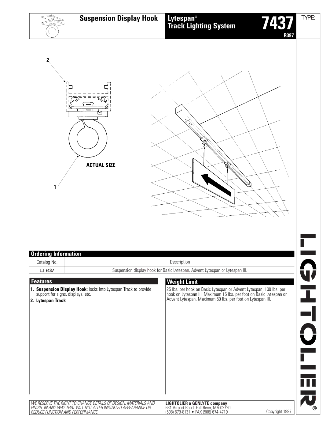 Lightolier 7437 manual Track Lighting System, Ordering Information, Features Weight Limit, Lytespan Track 